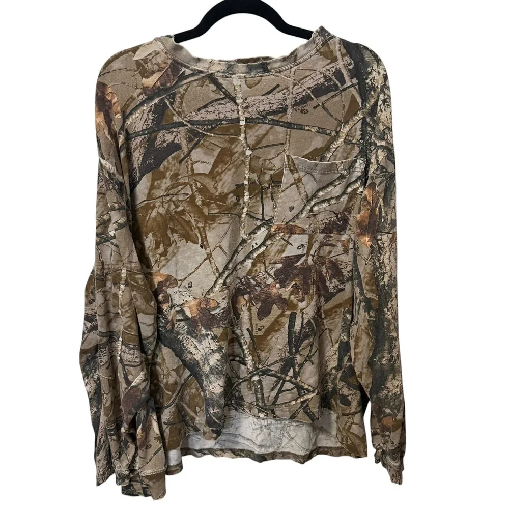 Vintage Camo Long Sleeve Pocket T Shirt Distressed Grunge Hunting Tee Oversized